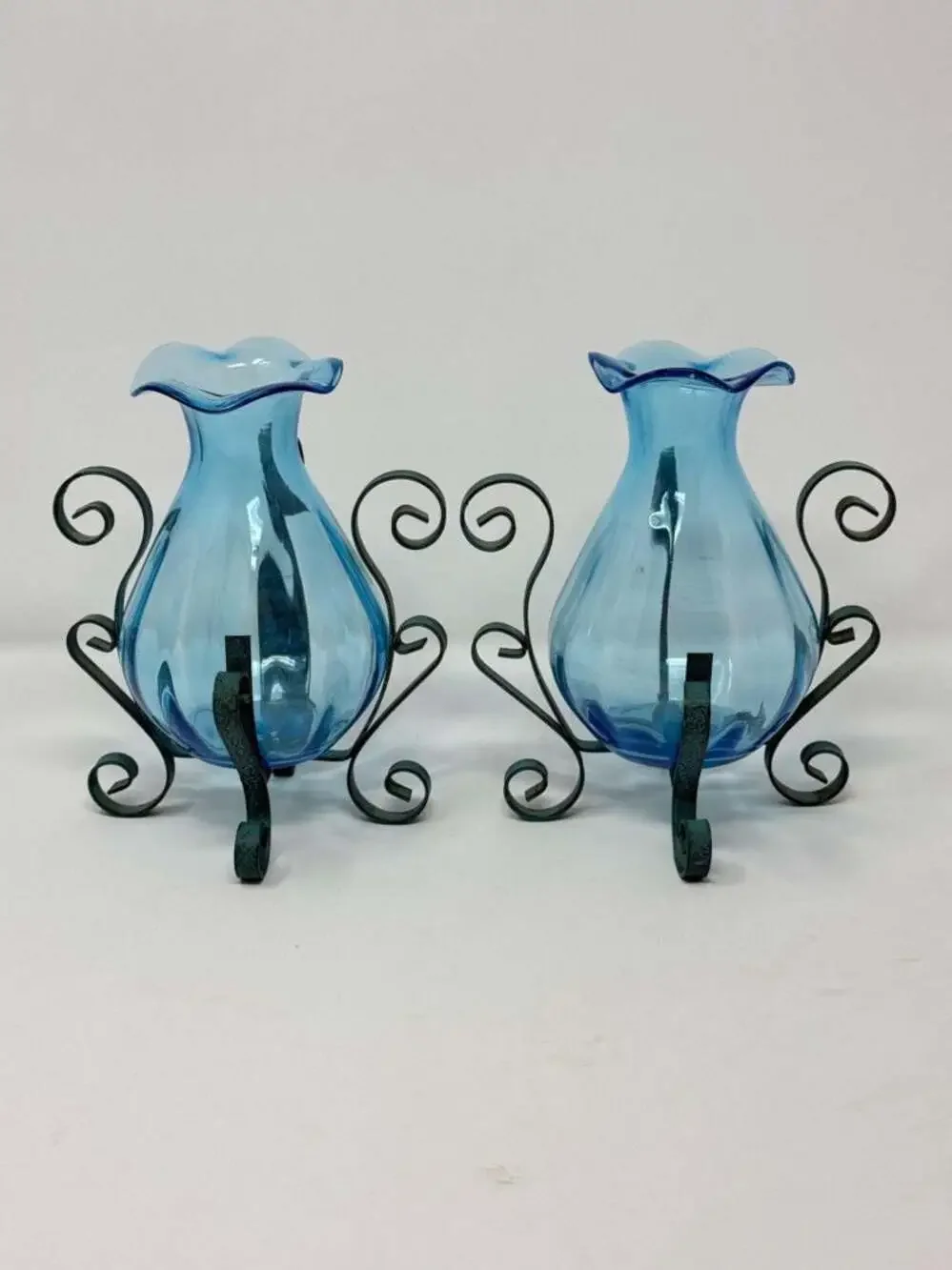 Set of 2 Vintage Blue Blown Glass Vases with Wrought Iron Scroll Stands